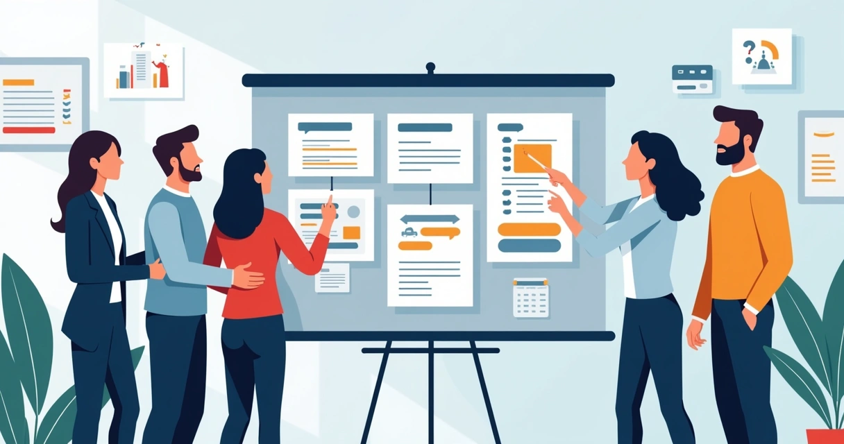 Equipe reunida alinhando prioridades em quadro digital 