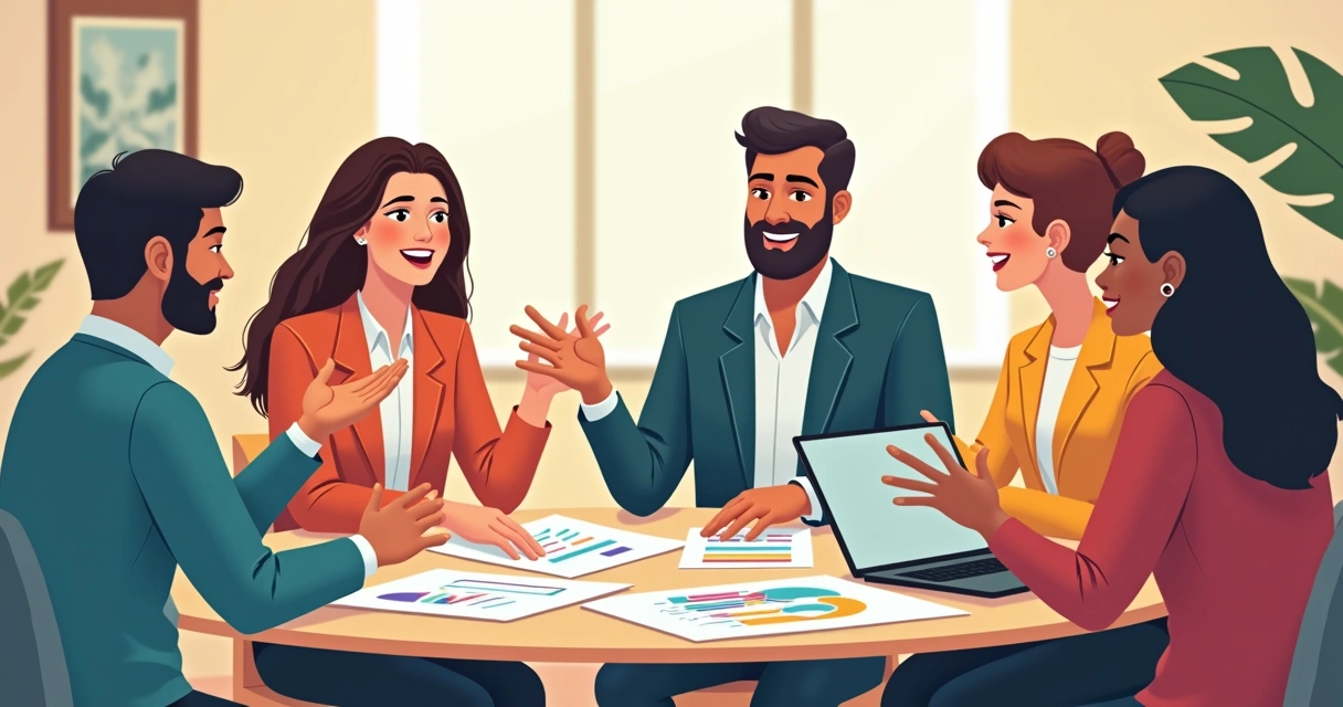 Equipe de diferentes setores conversando animada ao redor de uma mesa redonda, papéis coloridos espalhados, gráficos e notebooks ligados, clima colaborativo 