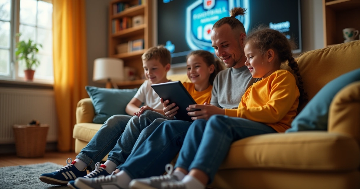 Família visualizando comunicado de escola de futebol em tablet sentado em sala de estar 