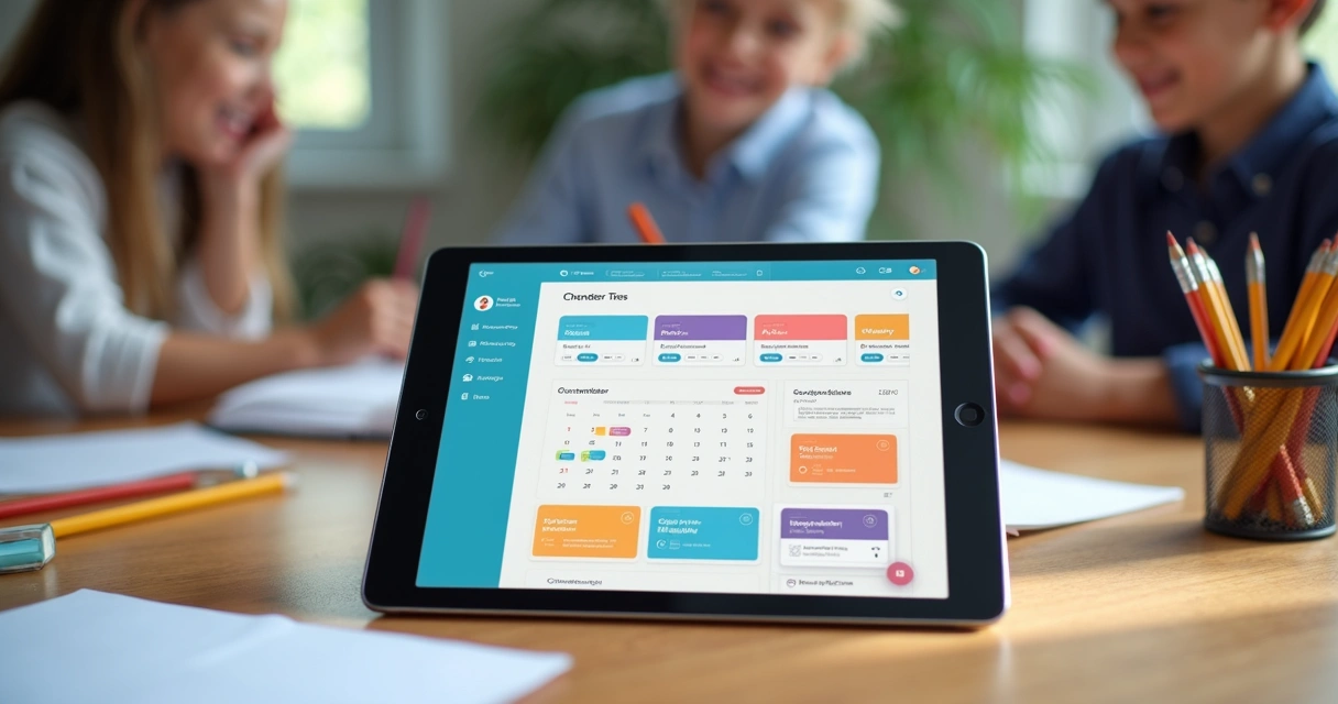 Tablet mostrando painel de comunicação escolar digital 