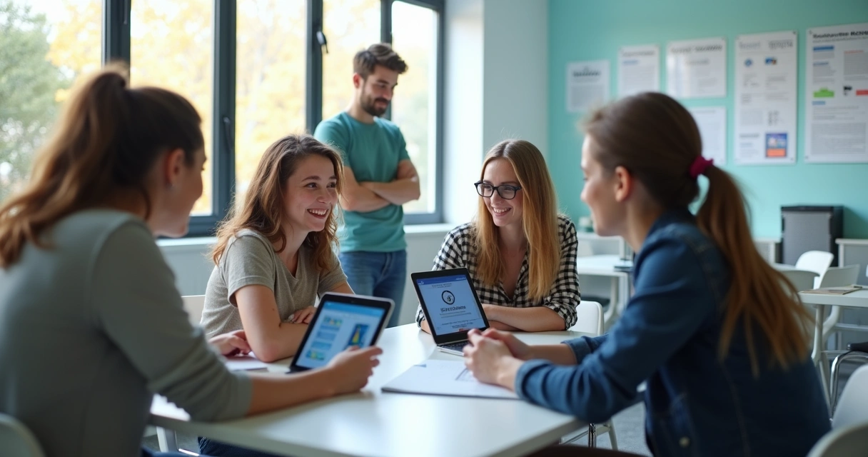 Alunos em uma sala de aula conversando com um tablet em grupo 