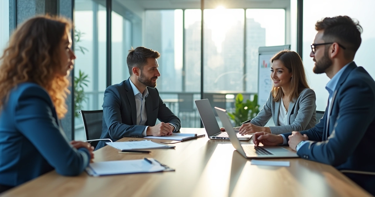 Equipe de contabilidade em reunião com cliente em escritório moderno 