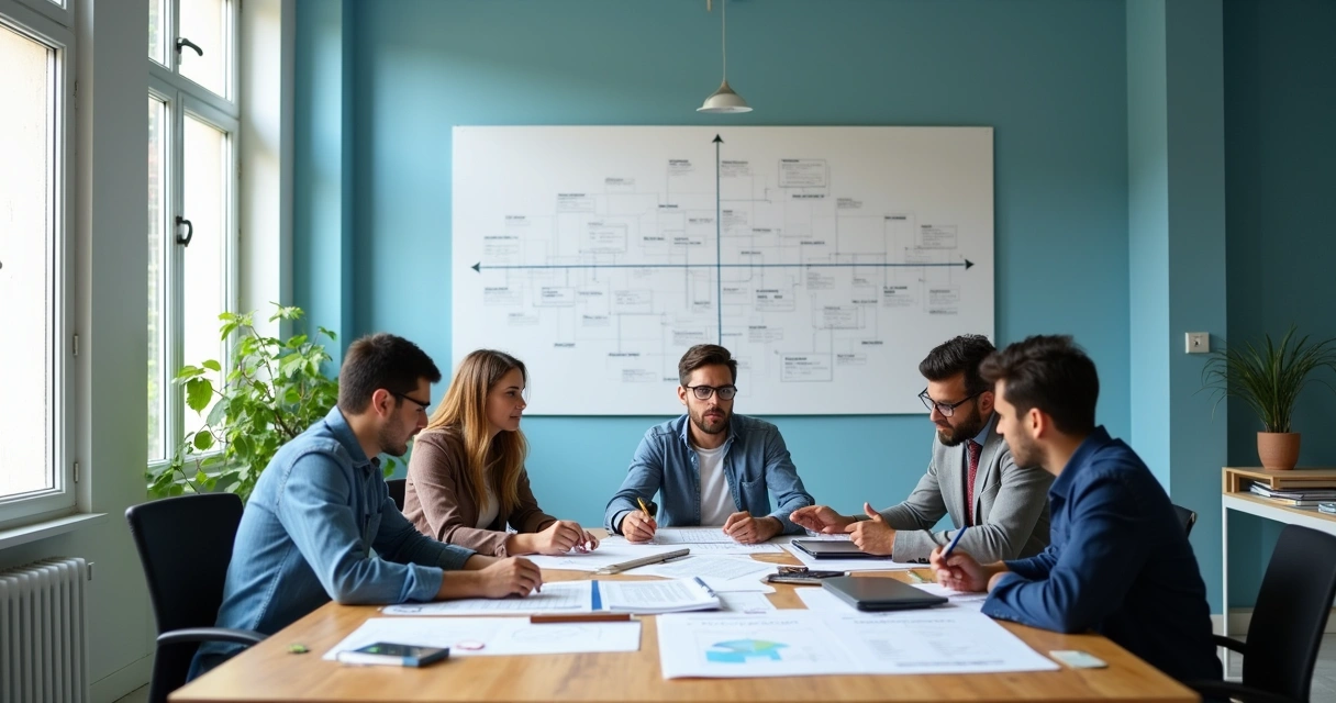 Equipes diversas em um escritório em reforma, discutindo planos com quadros e materiais ao redor.