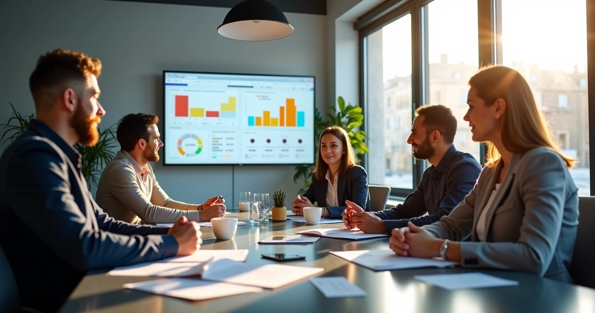 Reunião de equipe de construção civil planejando comunicação estratégica. 
