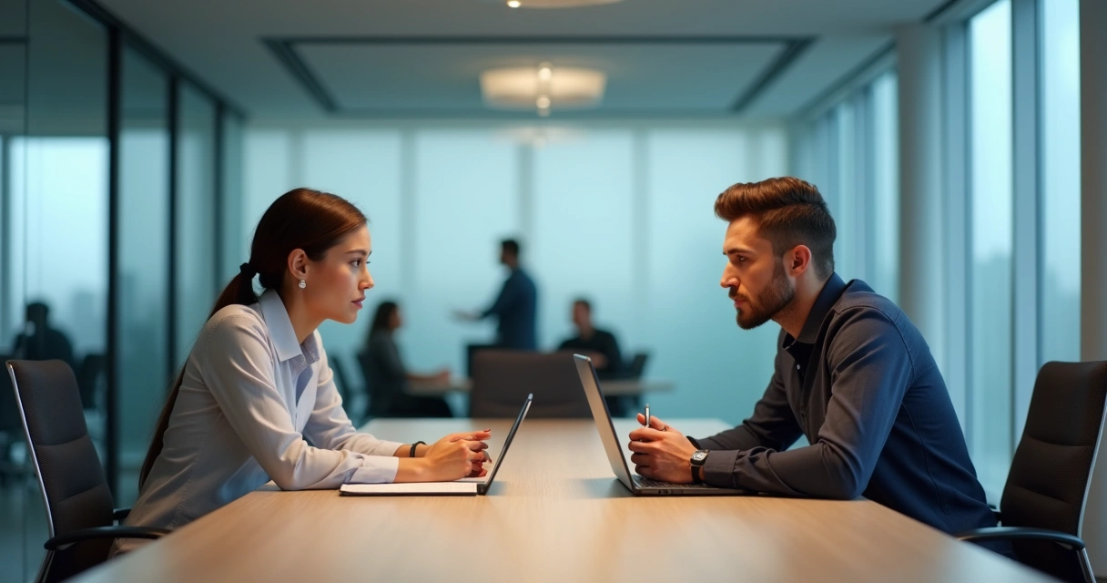Duas pessoas conversando com calma em uma sala de reunião tensa 