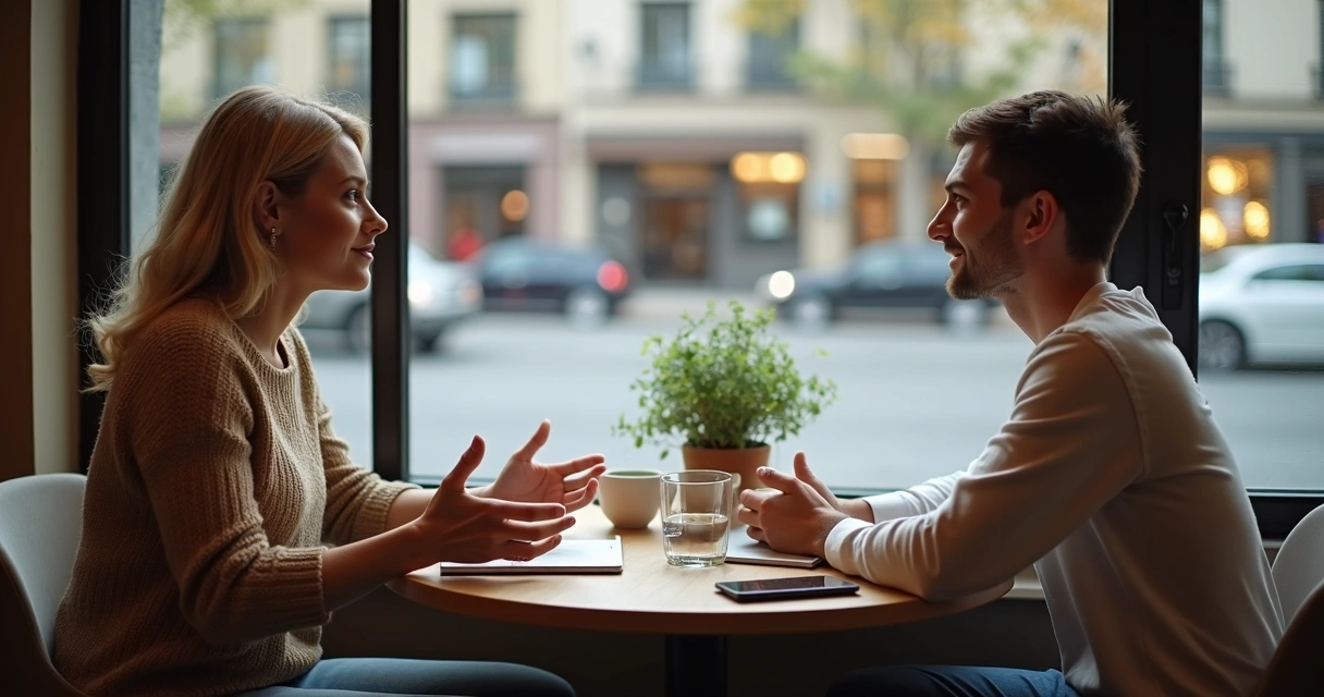 Duas pessoas conversando em mesa de café com clima de respeito e escuta atenta 