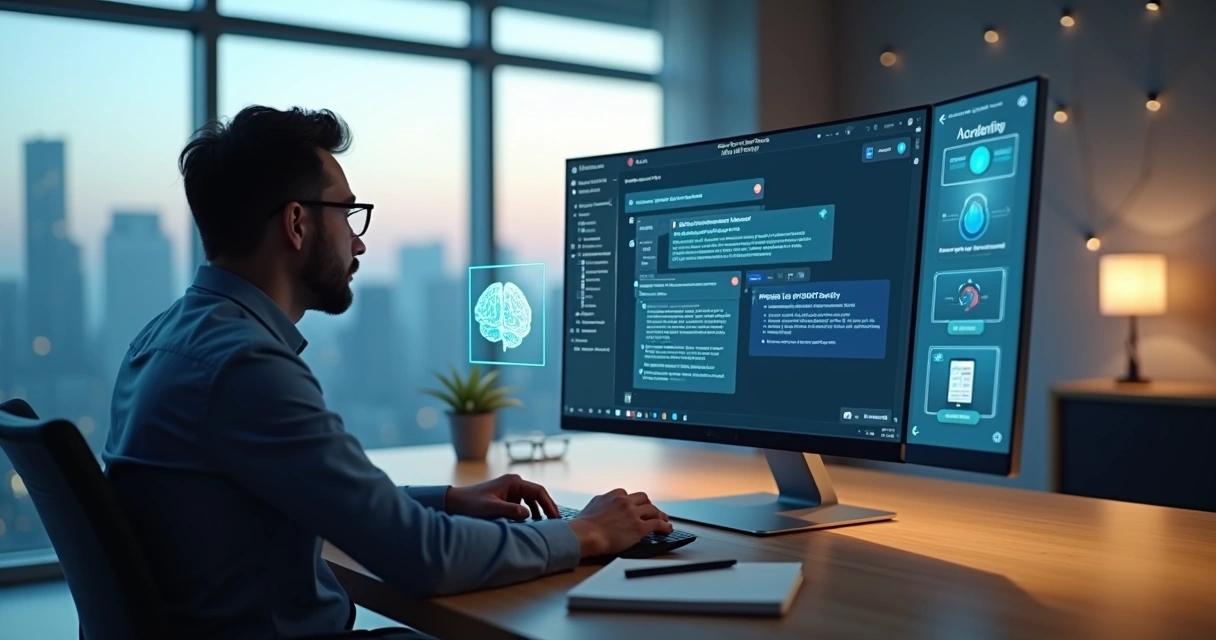 Pessoa usando IA em comunicação ética em mesa de trabalho futurista 