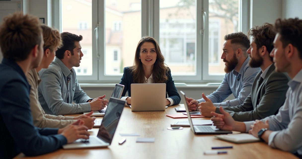 Grupo em reunião conversando de forma respeitosa ao redor de uma mesa 
