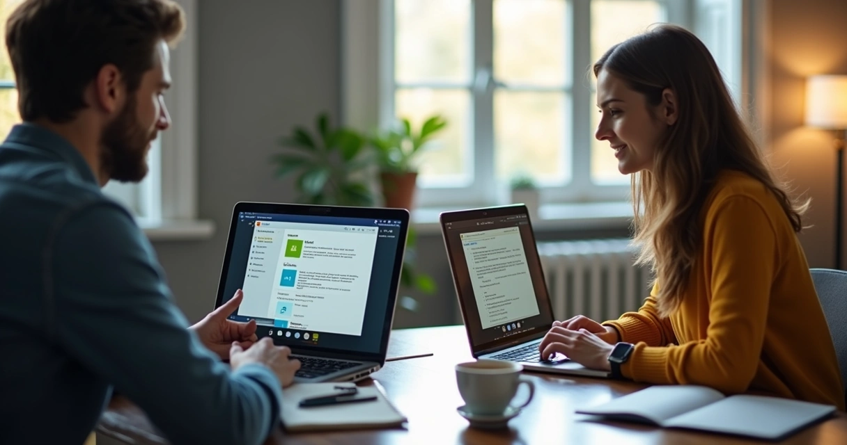 Duas pessoas conversando por videoconferência em notebooks