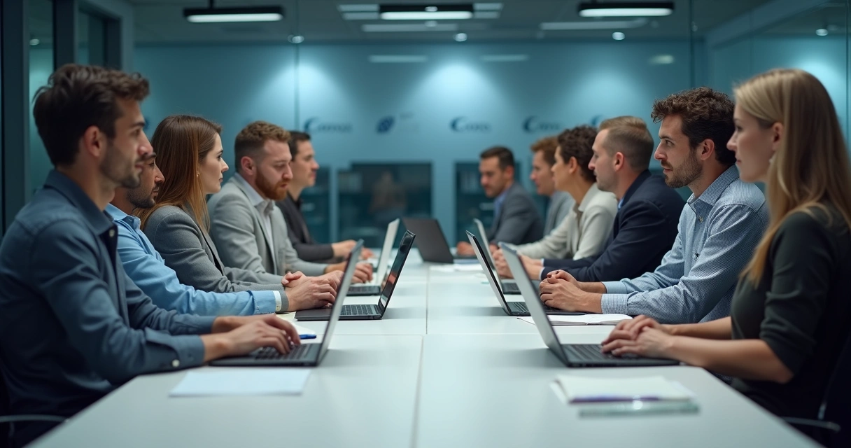 Sala de reunião de empresa com duas equipes, clima de tensão e pessoas olhando desconfiadas umas para as outras 