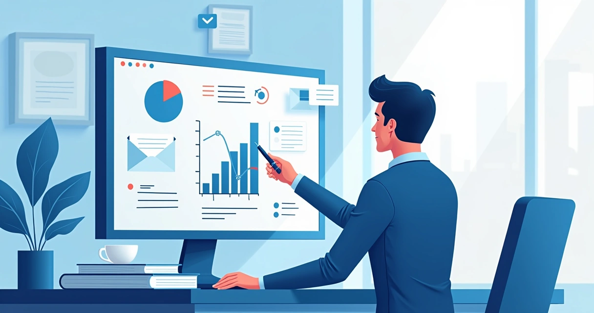 Vereador sentado à mesa, analisando gráficos e mensagens em tela de computador no gabinete digital 