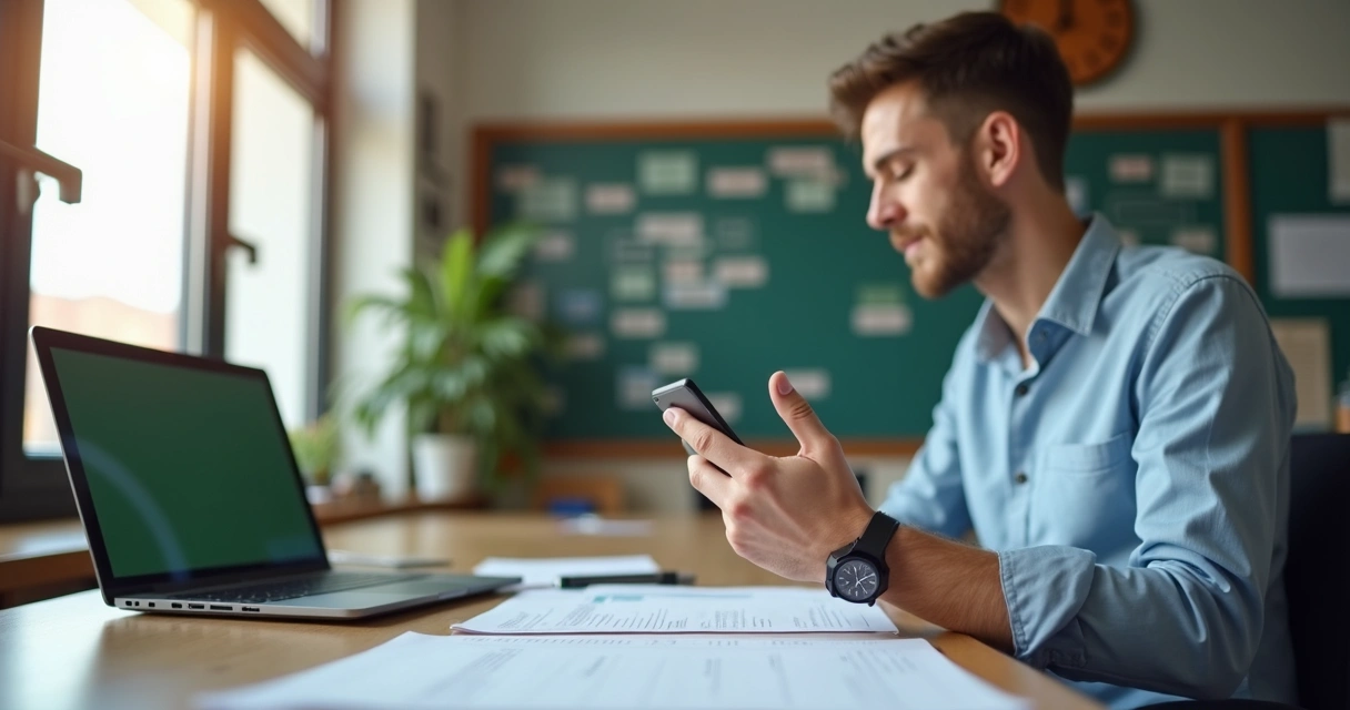 Gestor escolar usando celular para enviar mensagens via WhatsApp 