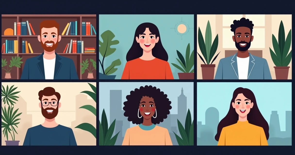 Videoconferência com pessoas de diferentes países em tela dividida, sorrindo 