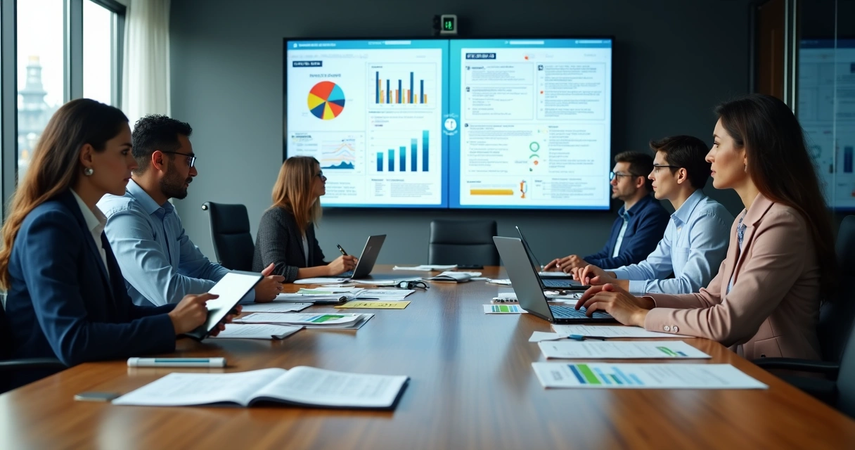 Gestores de segurança discutindo gestão de riscos com gráficos e dados confusos em telão 