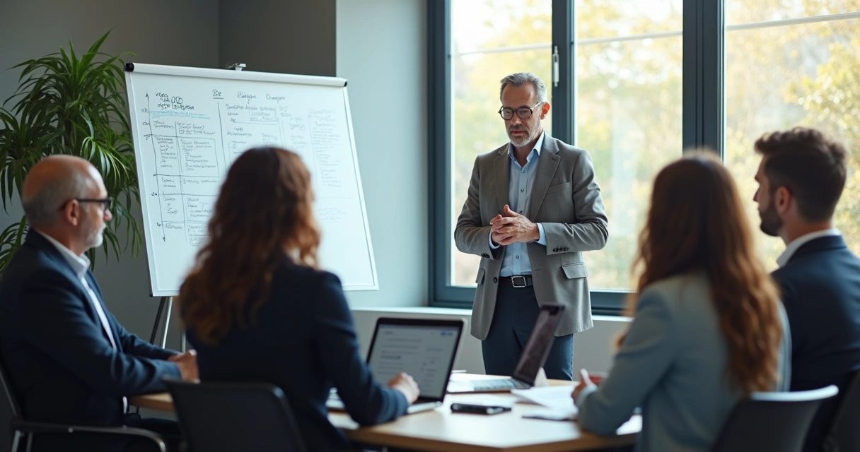 Líder falando com o time em sala clara, quadro branco com anotações ao fundo 