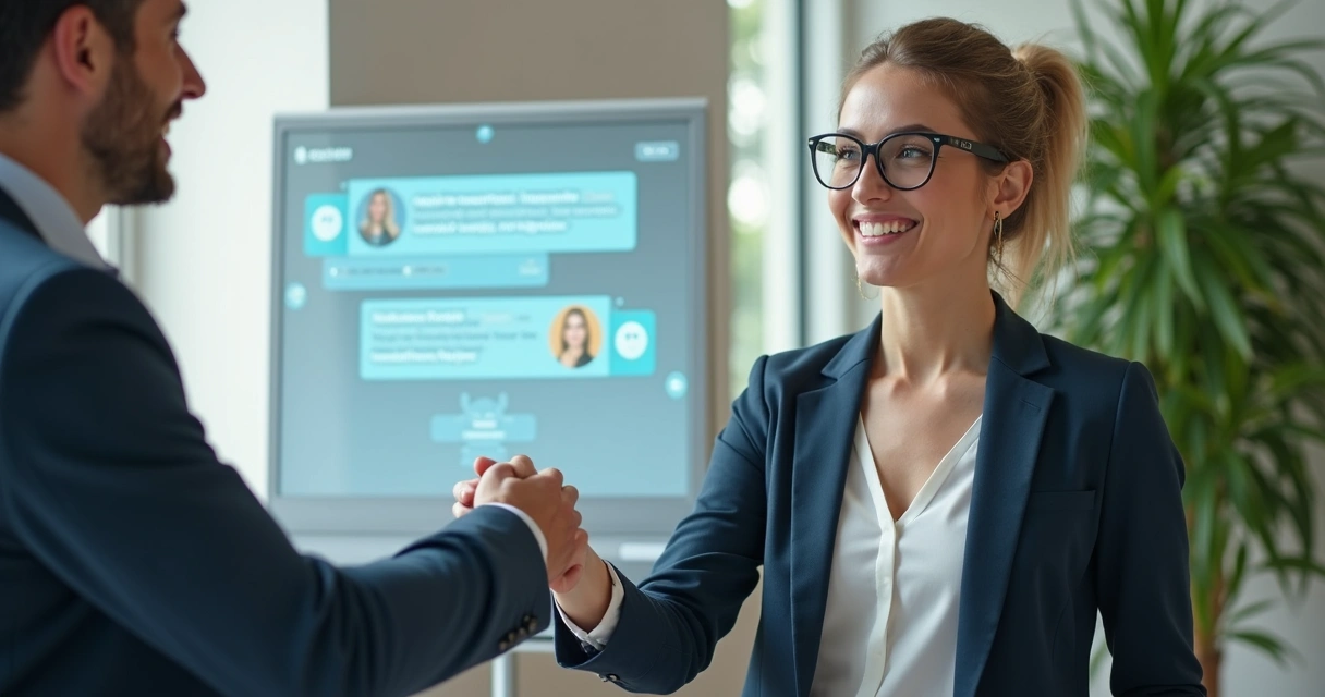 Profissional de vendas cumprimentando cliente sorridente em ambiente de escritório moderno 