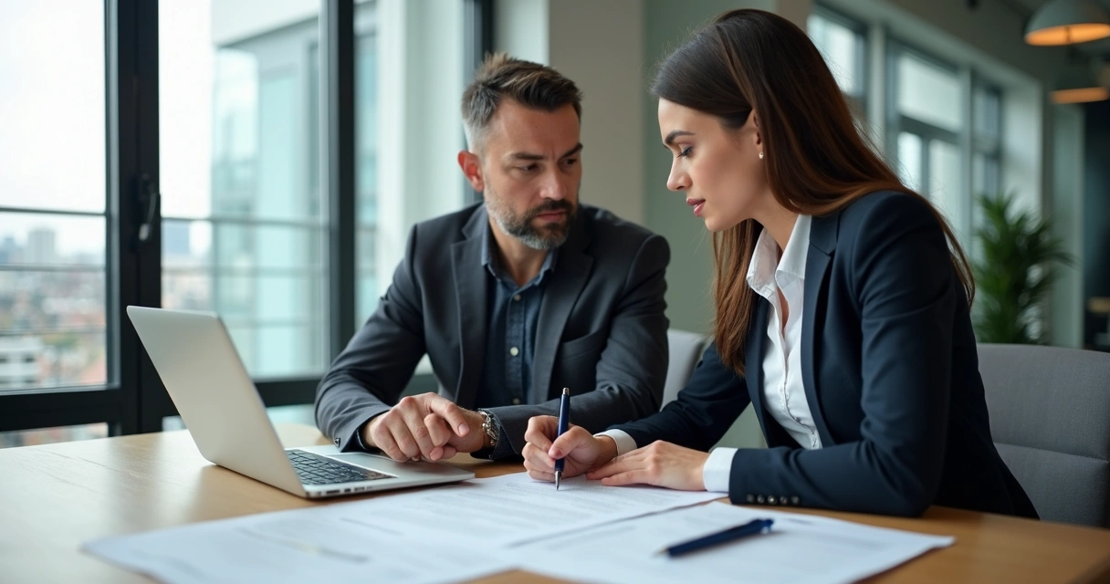 Duas pessoas em reunião analisando contrato imobiliário comercial 