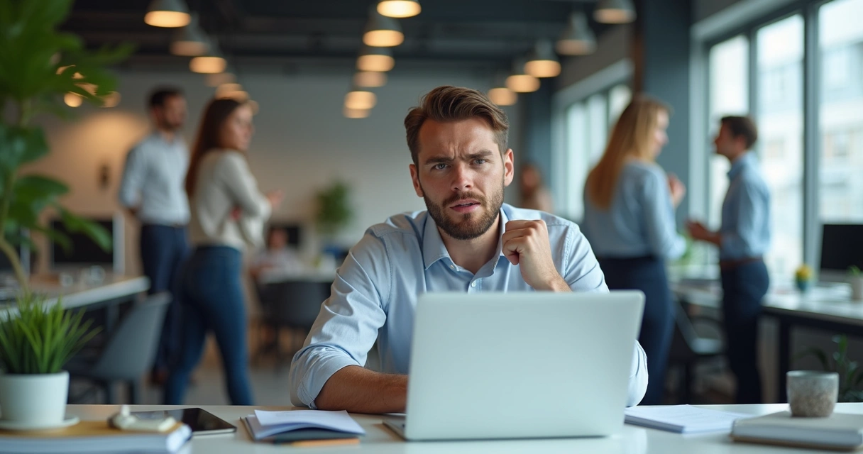 Funcionário em escritório reagindo emocionalmente ao computador 