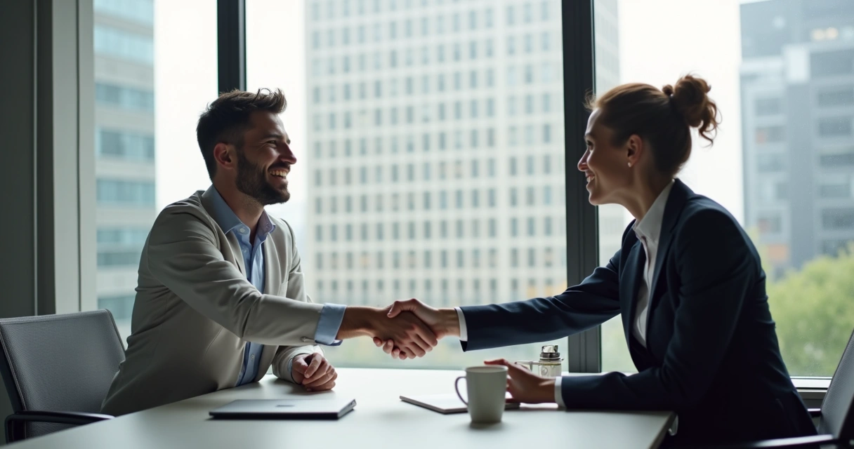 Gestor agradecendo cliente por indicação em reunião de negócios