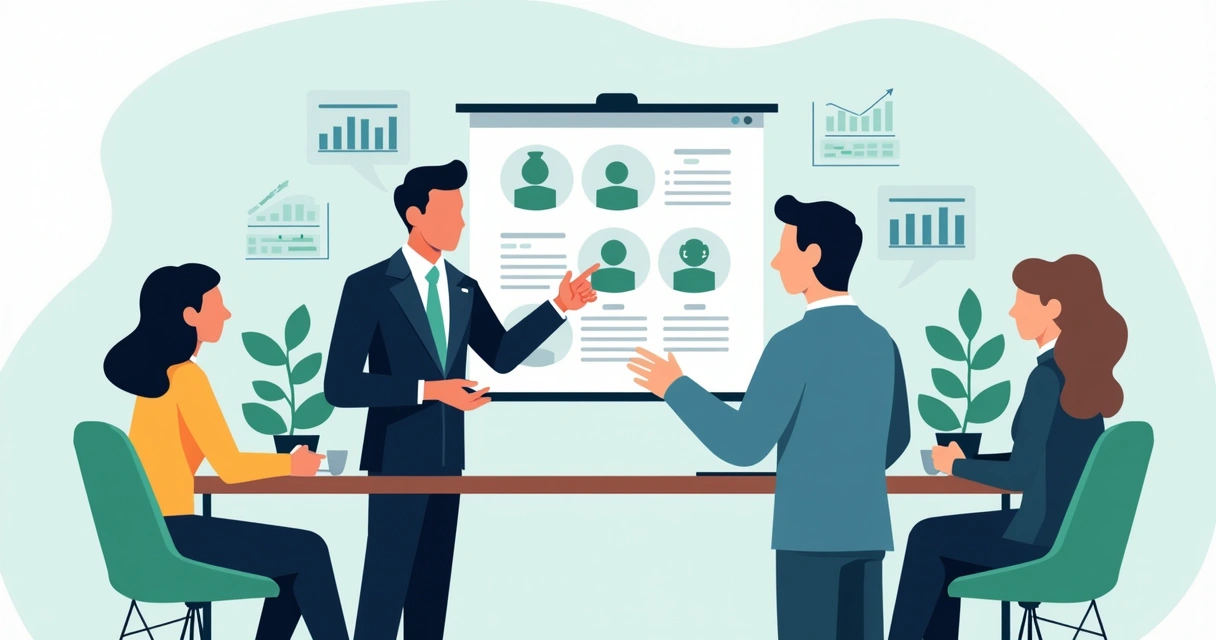Reunião estratégica com porta-vozes discutindo comunicação indireta, gráficos digitais ao fundo