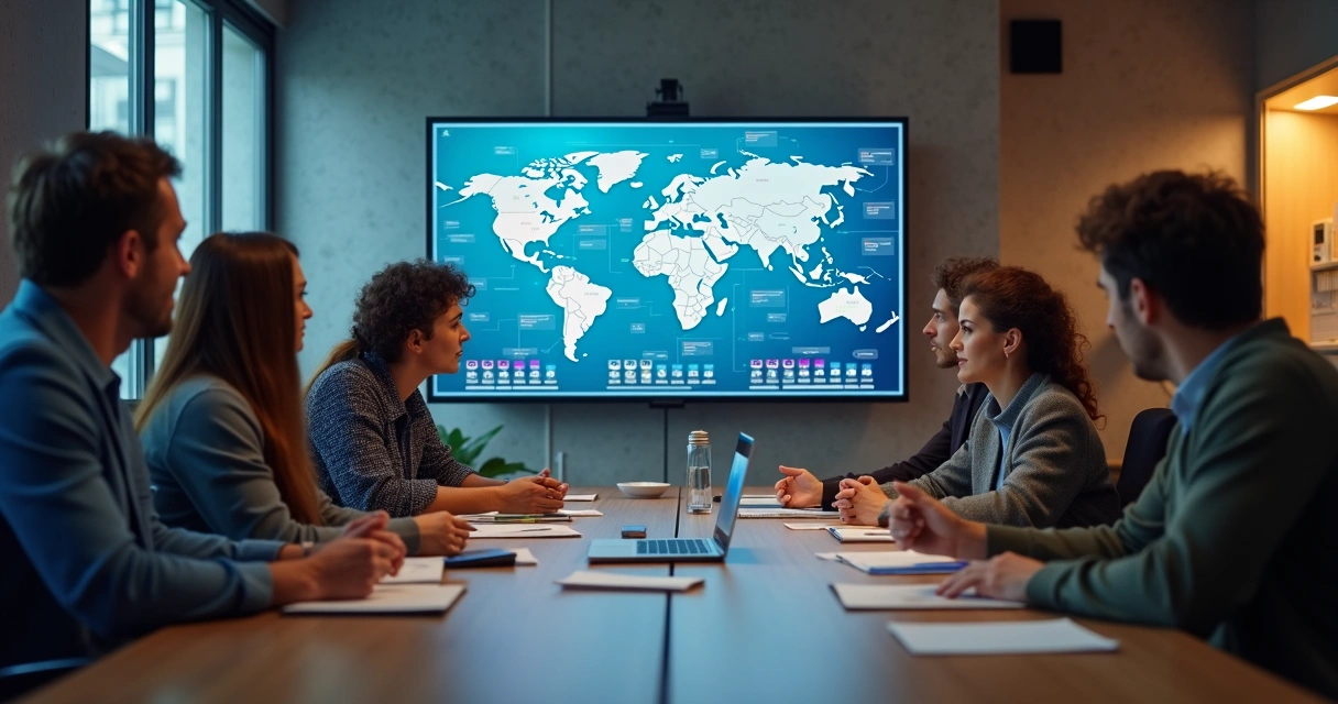 Equipe reunida em reunião colaborativa, tela com gráficos de comunicação integrados 