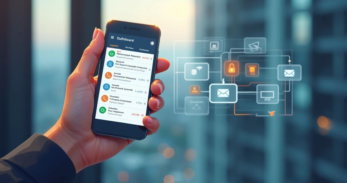 Telas de aplicativo para síndicos mostrando integrações com WhatsApp e e-mail 