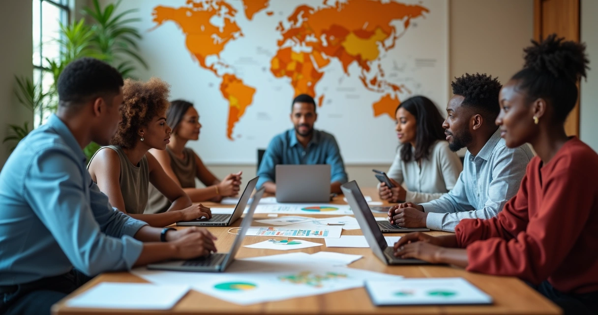Equipe diversa discutindo ao redor de mesa de reunião, documentos e laptops na mesa 