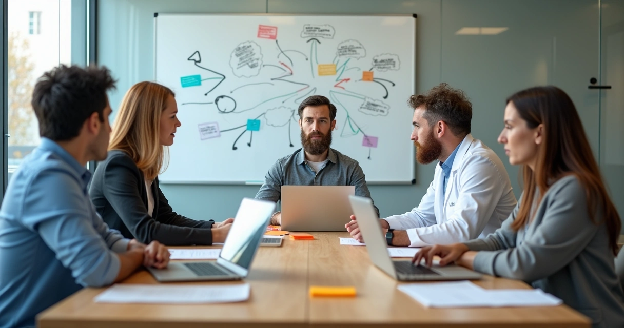 Profissionais de diferentes áreas reunidos em mesa discutindo comunicação interdisciplinar 
