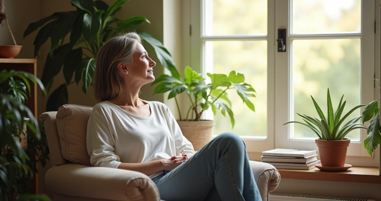 Pessoa refletindo consigo mesma em um ambiente tranquilo 