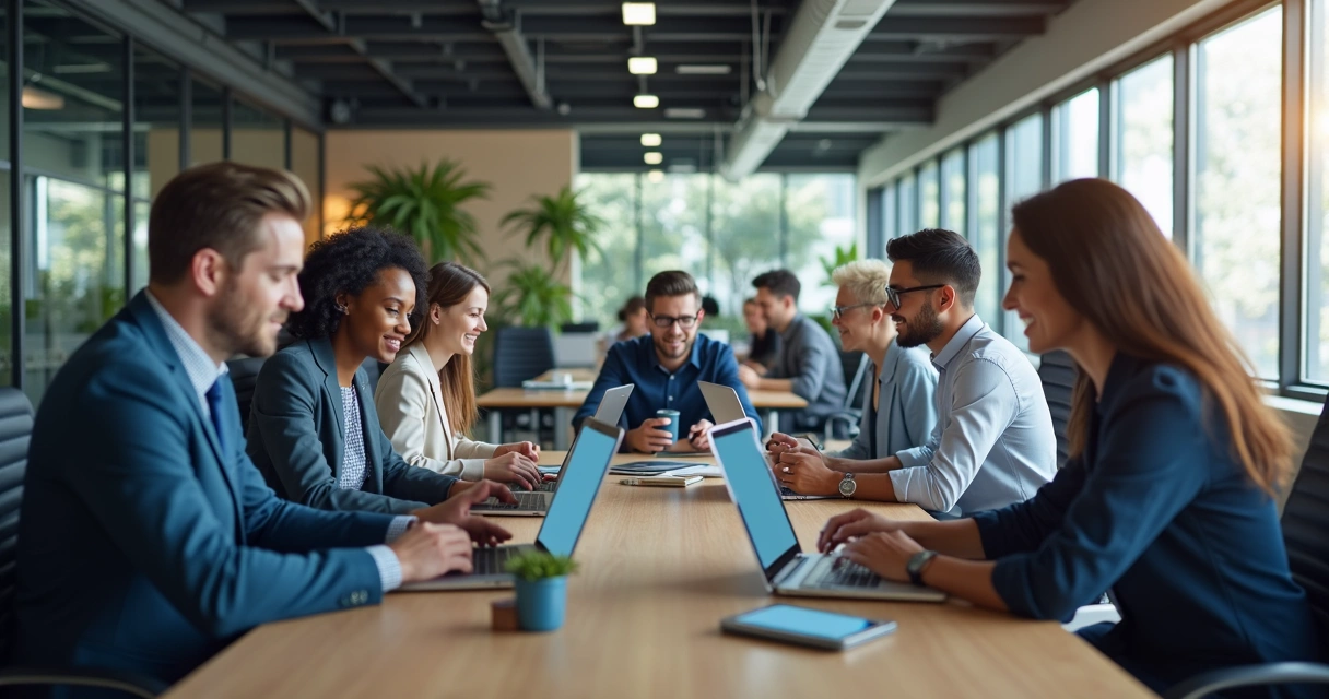 Equipe diversa em ambiente corporativo moderno interagindo por dispositivos digitais em diferentes canais de comunicação interna 