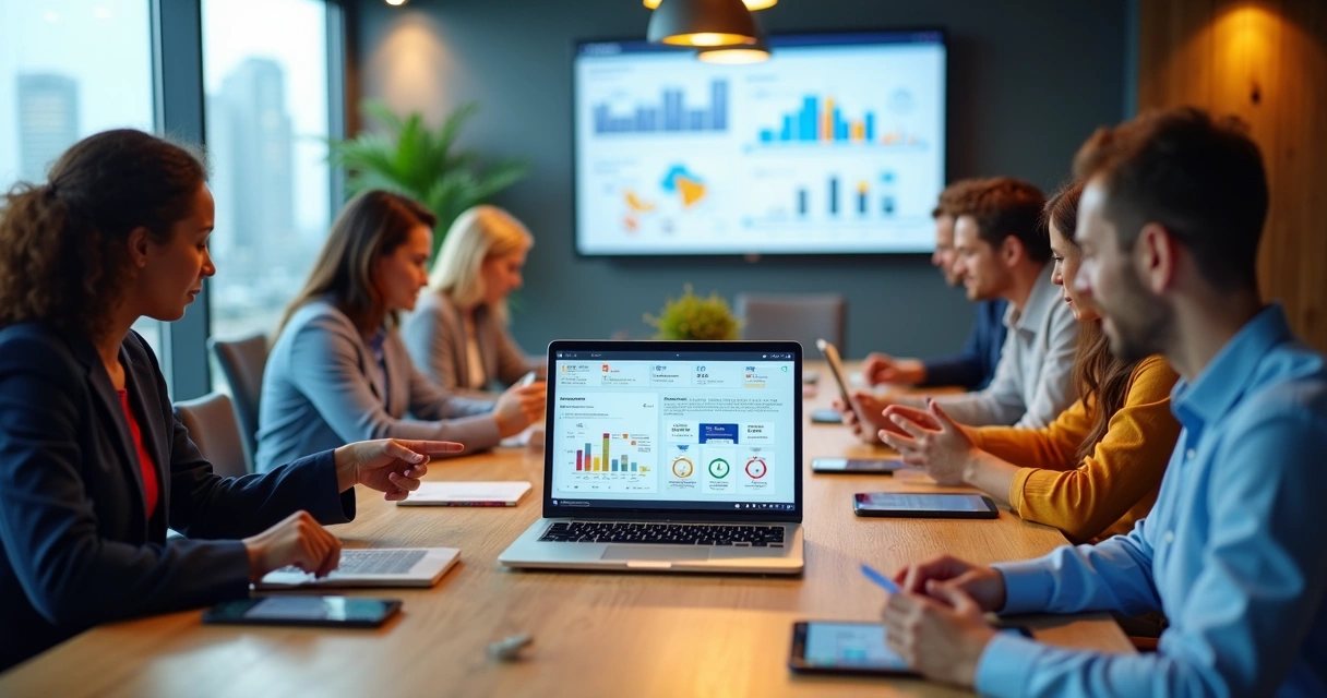 Equipe em escritório moderno acompanhando comunicação interna digital em vários dispositivos 