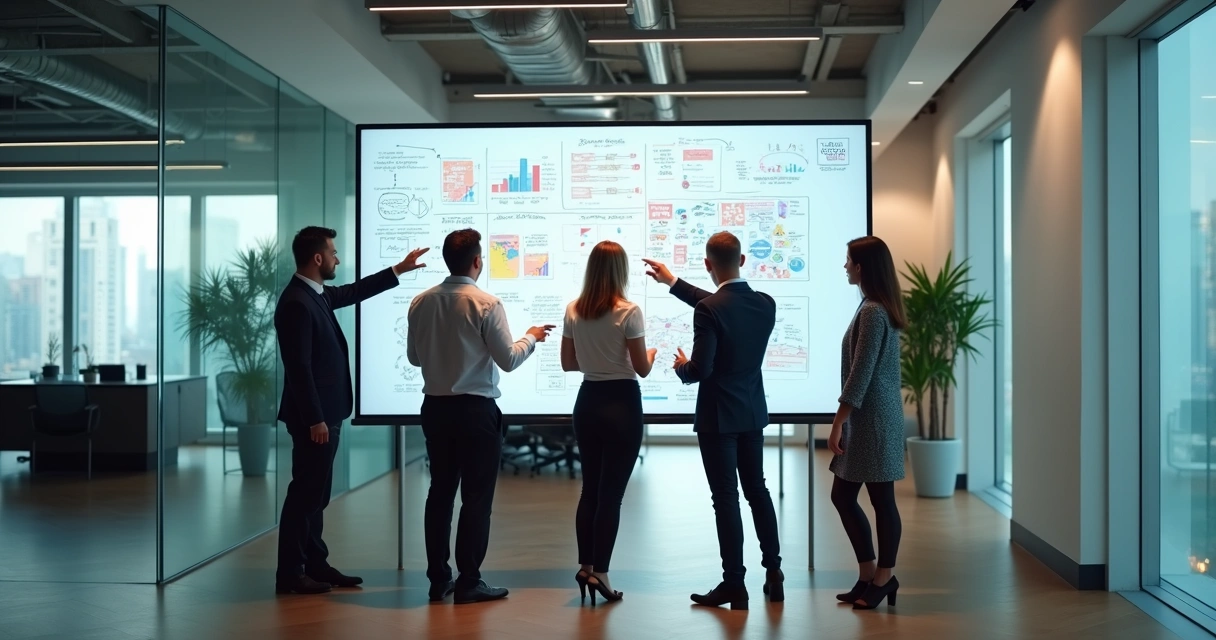 Colegas de equipe discutindo frente a um quadro branco digital 