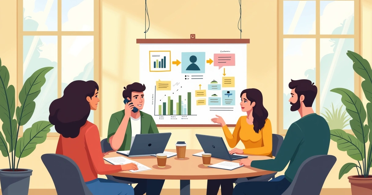 Ambiente de escritório com colaboradores discutindo ideias em equipe, promovendo comunicação interna eficaz.