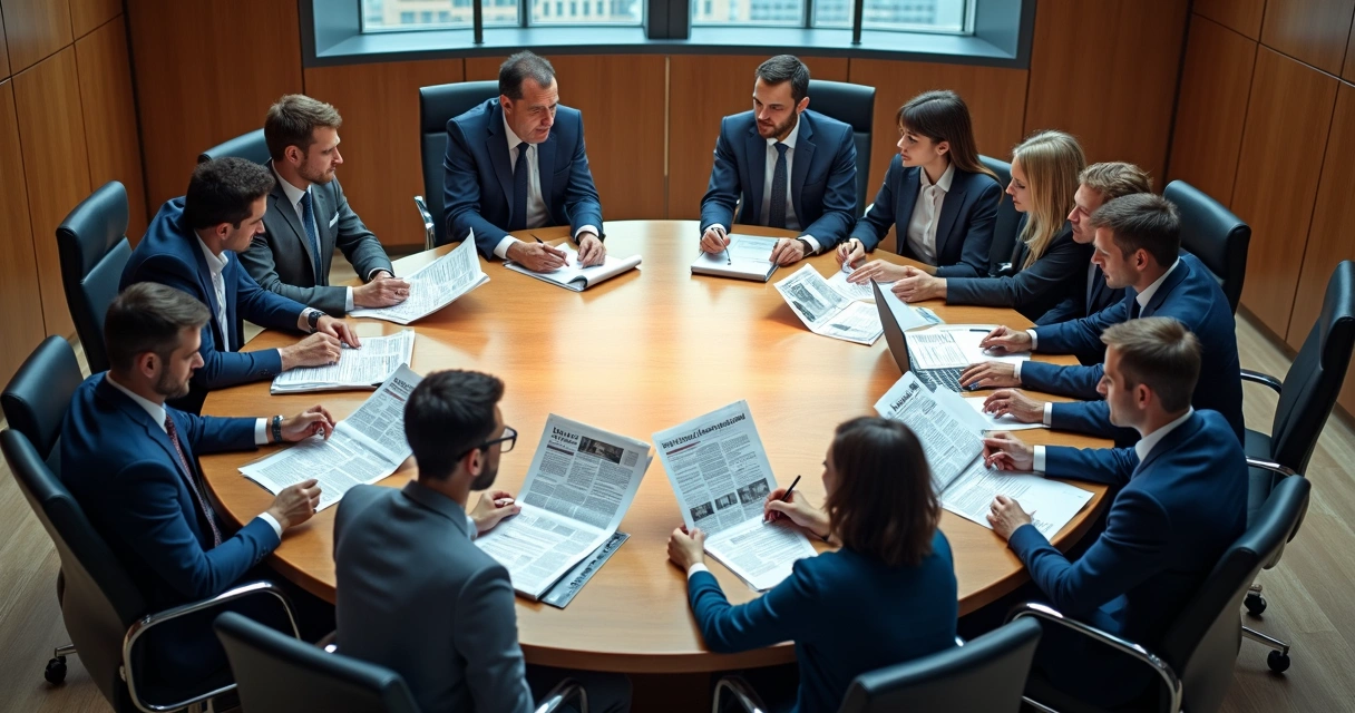 Profissionais trocando ideias em reunião, ilustrando comunicação interna e externa 