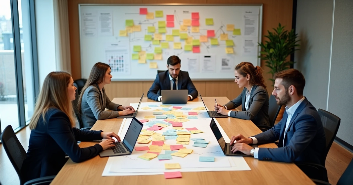 Equipe em mesa de reunião com dificuldade de comunicação interna 