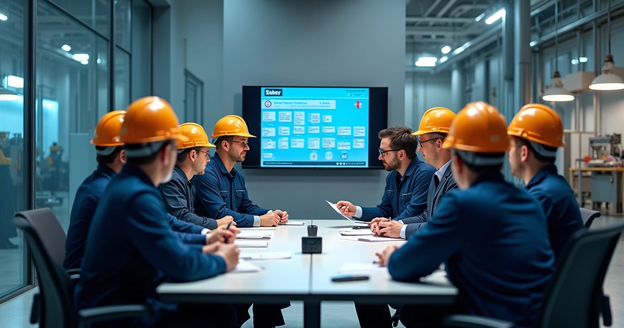 Equipe de manutenção em reunião de segurança antes de atividade industrial 