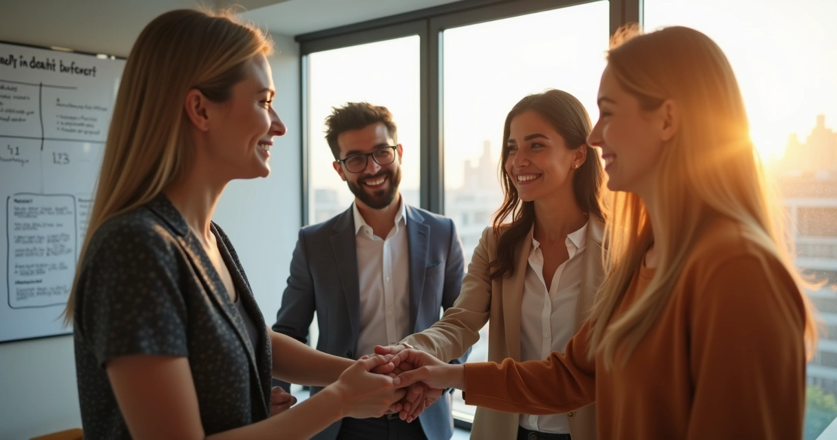 Equipe de empresa em roda celebrando conquista