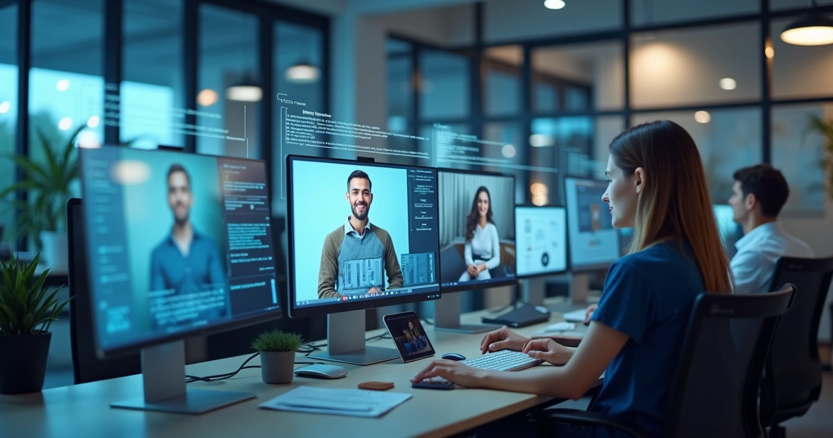 Reunião virtual mostrando equipes em computadores conectados