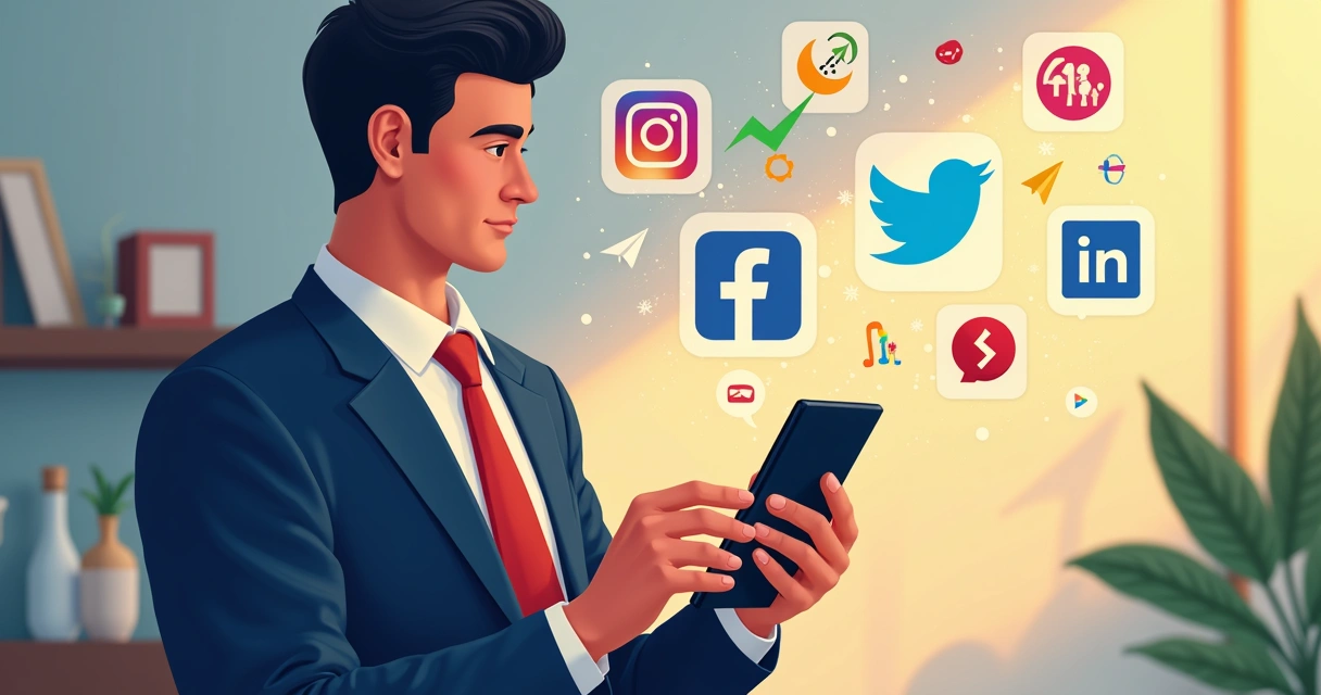 Ilustrações de ícones de várias redes sociais, gráficos e um vereador usando o celular