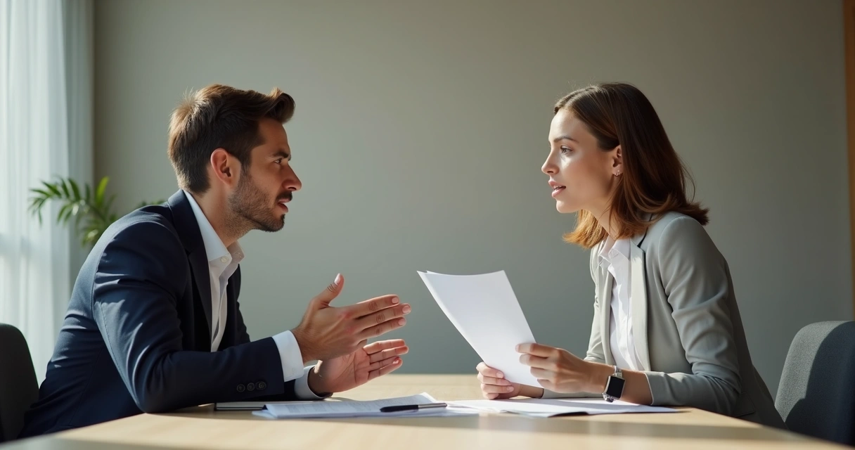Duas pessoas conversando com papéis na mão, gesticulando de forma assertiva em sala de reunião. 