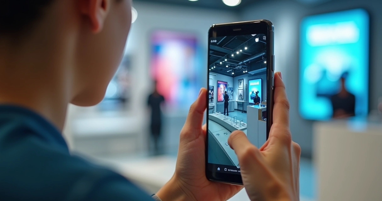Pessoa segurando smartphone exibindo vídeo curto de loja de celular 