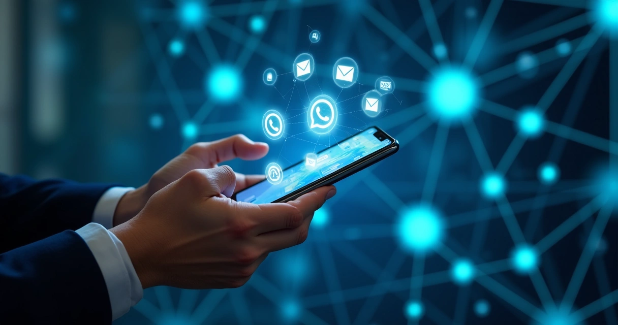 Pessoa usando smartphone com telas abertas de e-mail, WhatsApp, SMS em fundo digital conectado 