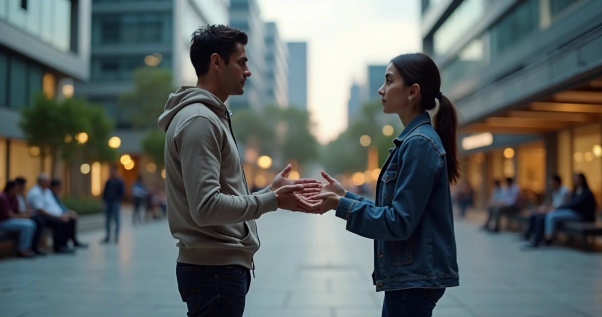Duas pessoas em pé frente a frente com linguagem corporal calma em ambiente urbano 