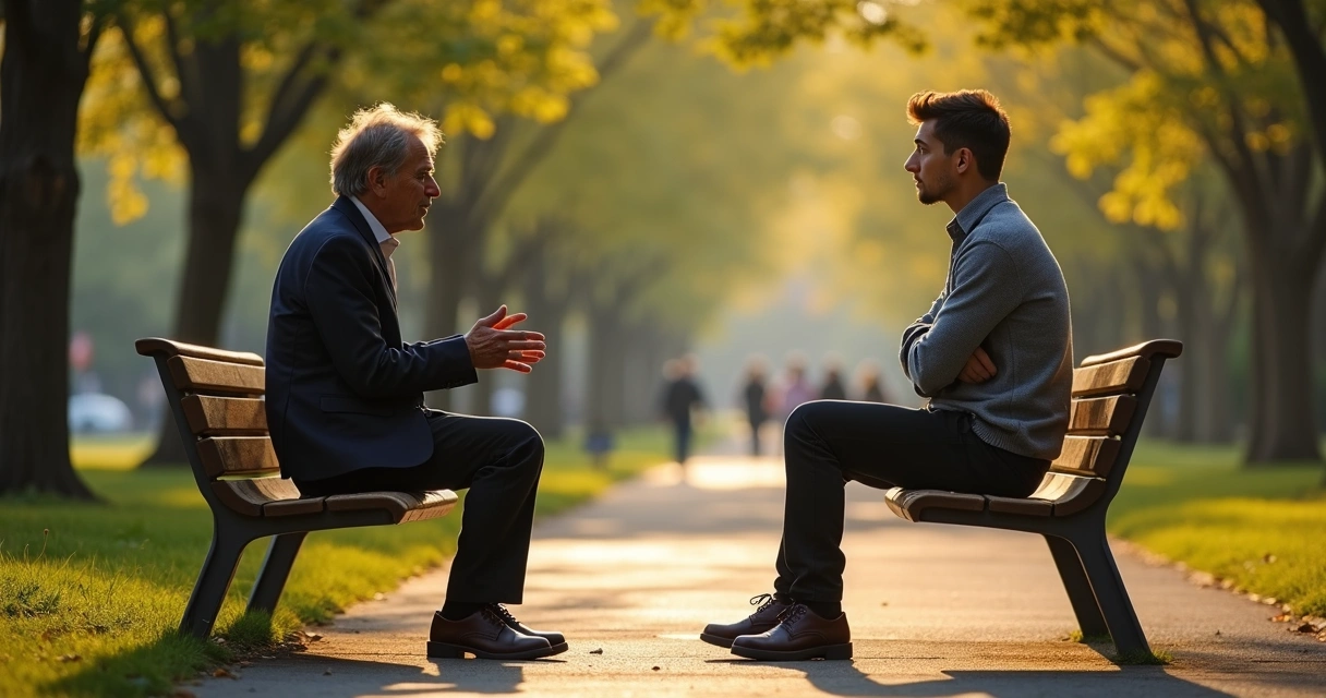 Duas pessoas conversando em banco de parque com linguagem corporal contrastante 