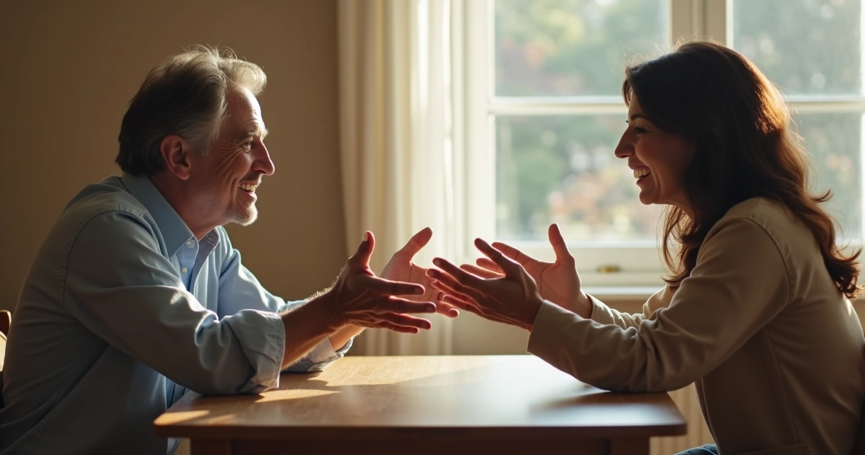 Duas pessoas sentadas frente a frente, comunicando-se por gestos e expressões 
