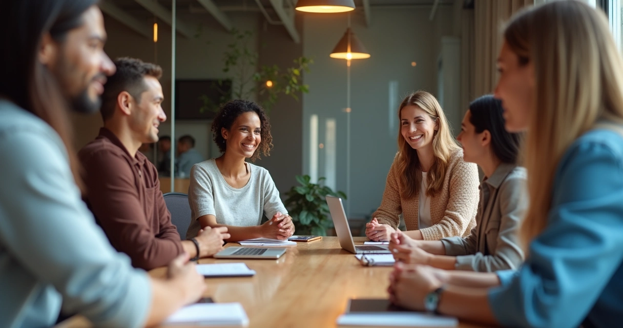 Grupo multicultural se comunicando com gestos e expressões em sala de reunião 