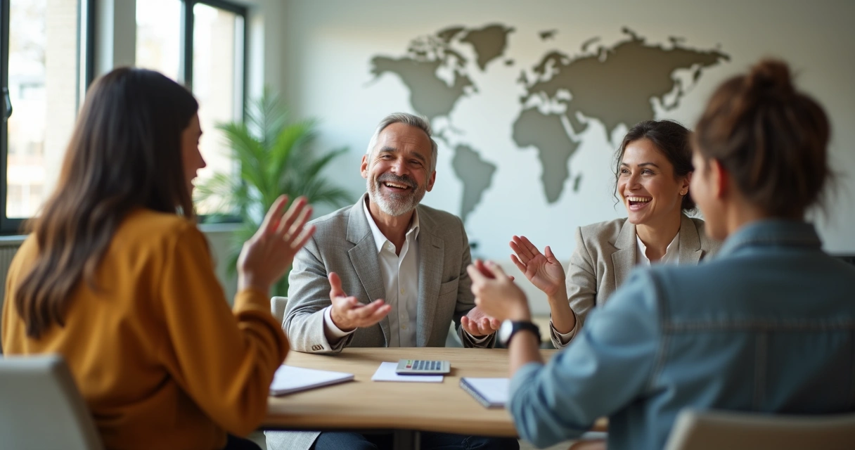 Grupo multicultural em conversa focado na comunicação não verbal 