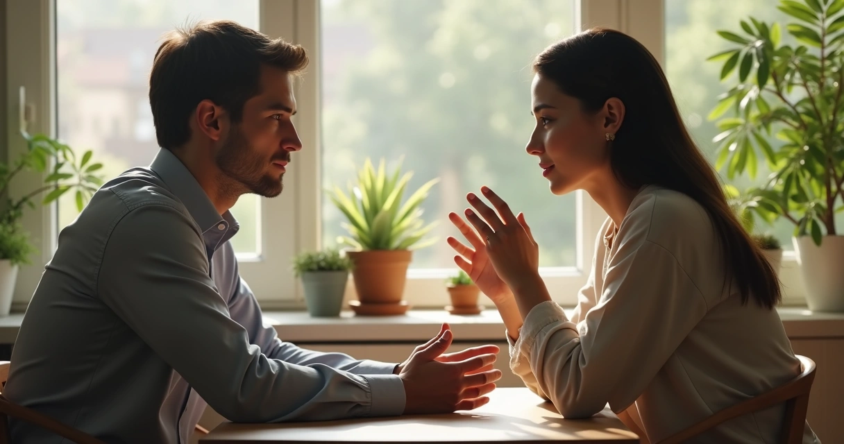 Pessoa gesticulando suavemente ao falar, com expressão calma, em ambiente confortável com plantas ao fundo.