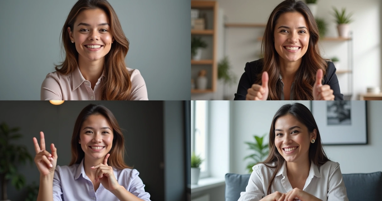 Reunião por vídeo com pessoas mostrando gestos e expressões faciais claras 