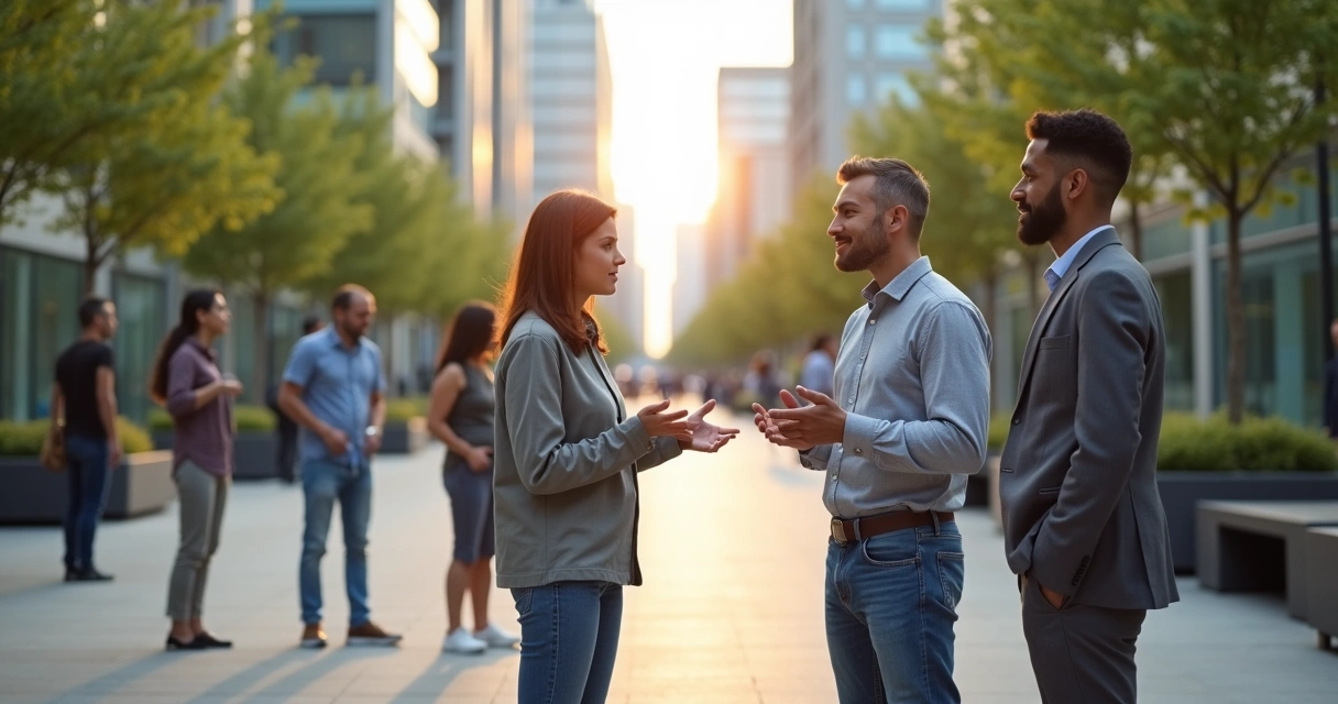 Grupo diverso dialogando de forma calma em praça urbana 